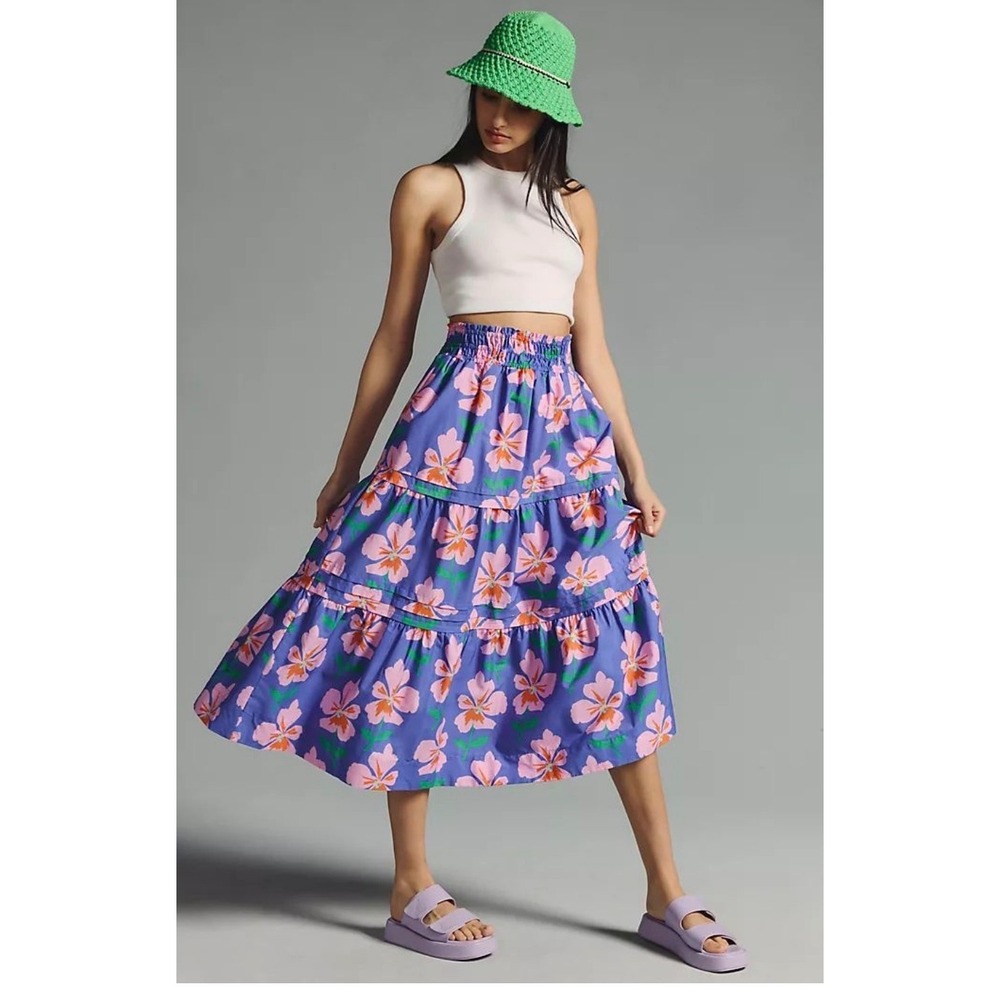 Anthropologie Tiered Midi Skirt Womens L Floral NWT Boho Cotton Summer Dopamine